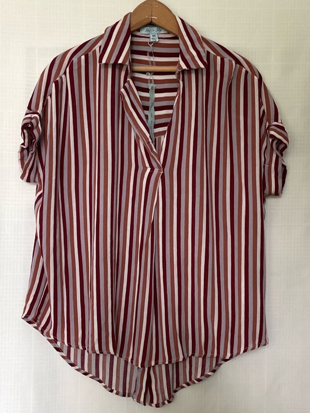 NWT She + Sky Striped V-Neck Top in Burgundy, Rust & Cream